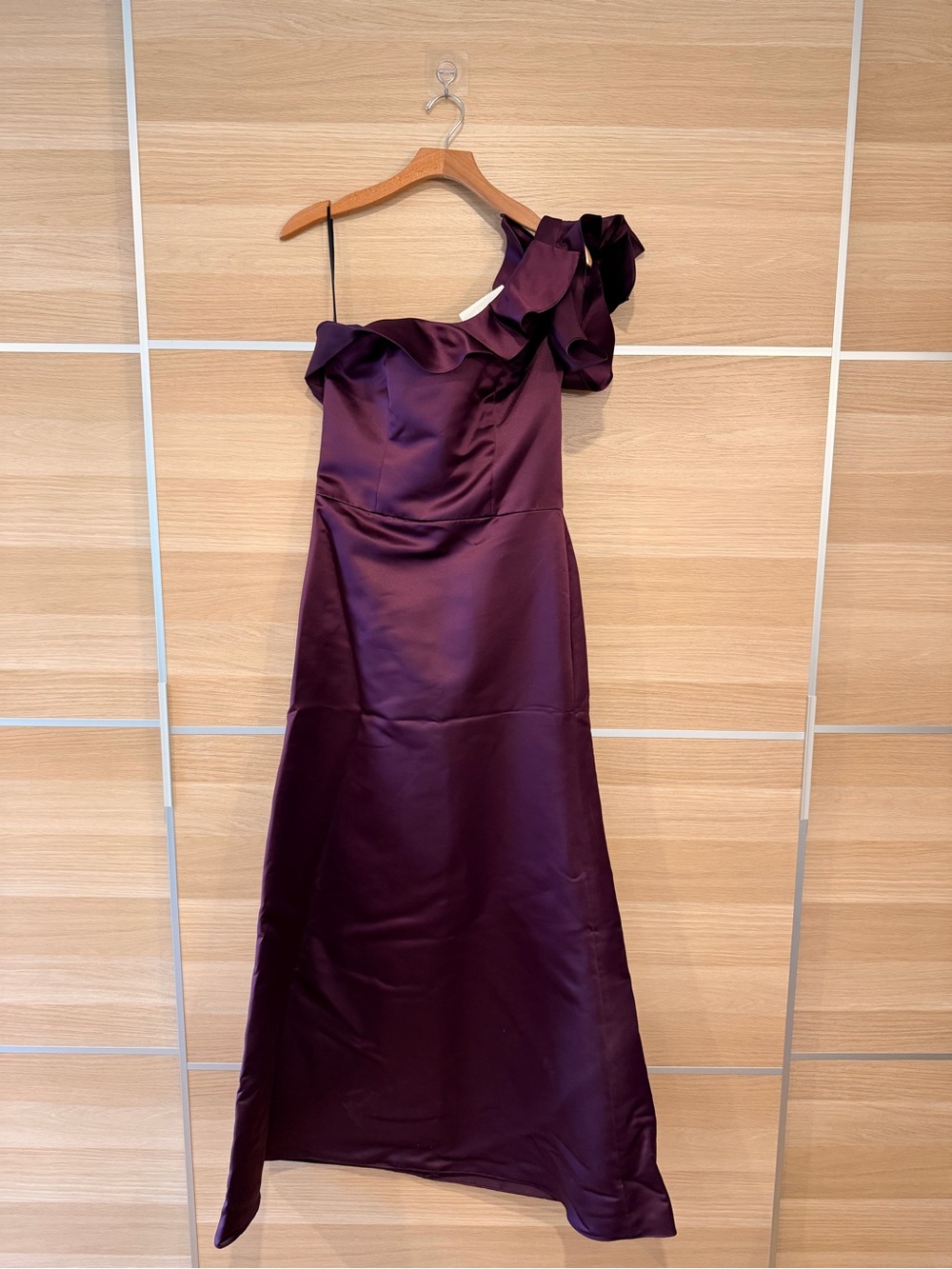 One-Shoulder Ruffle Satin Evening Gown in Deep Plum